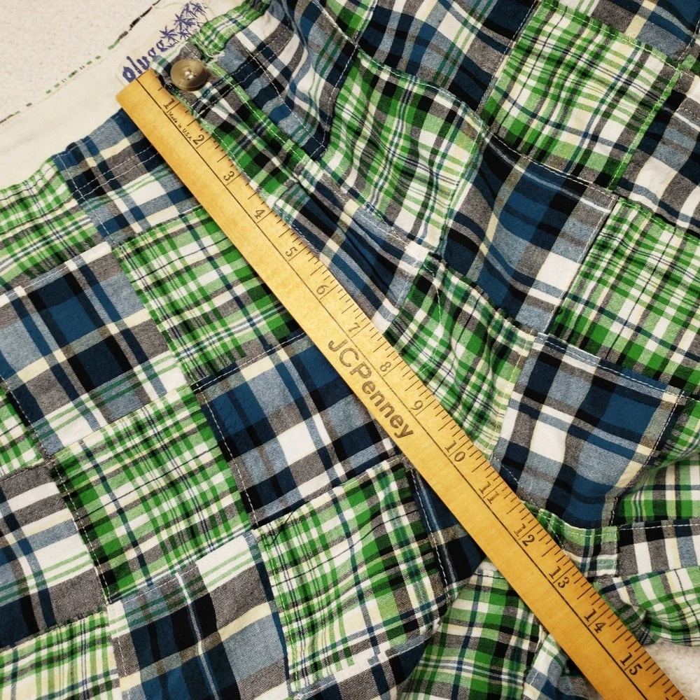 Plugg Cargo Shorts Mens 40 Green Blue Patchwork Plaid Madras Cotton Casual